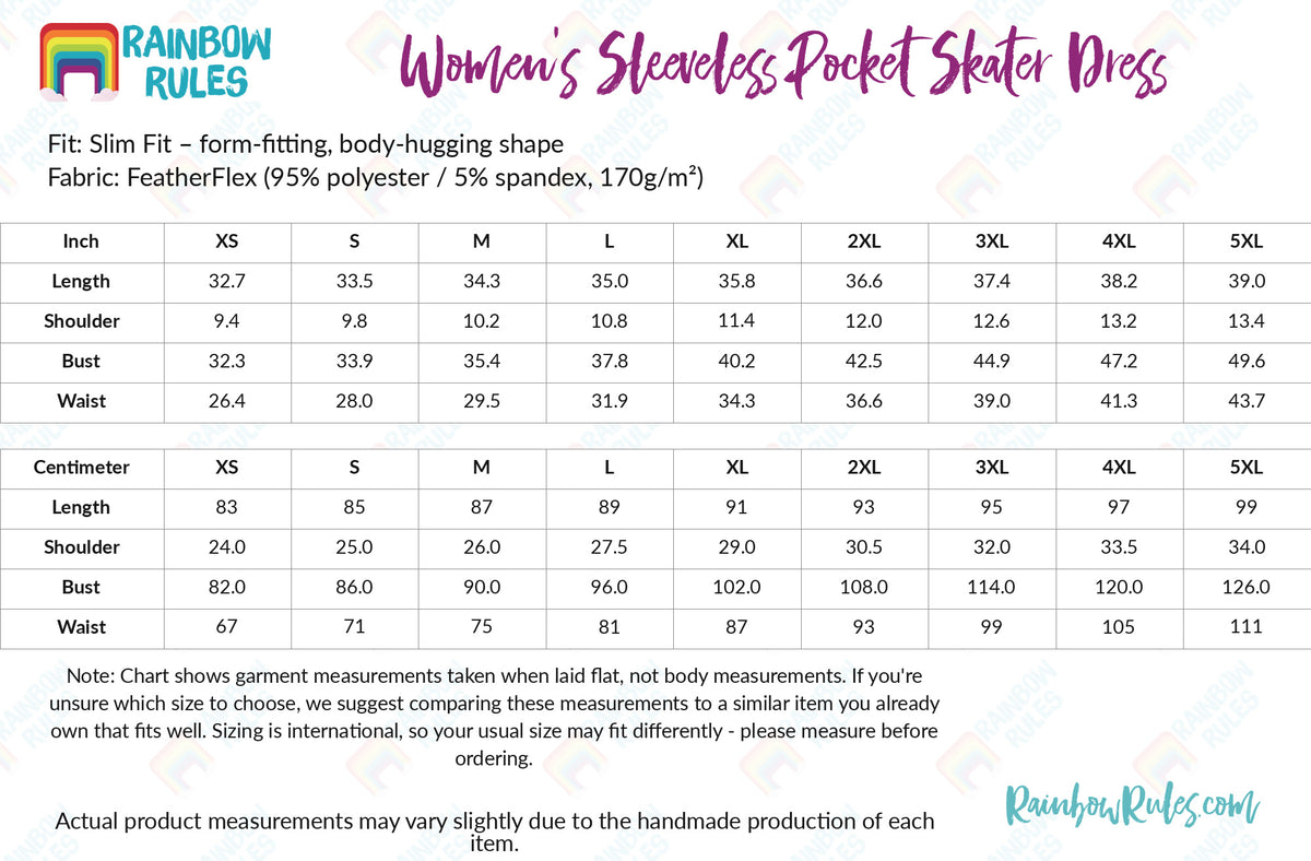 Women's Sleeveless Pocket Skater Dress - Rainbow Rules Size Chart