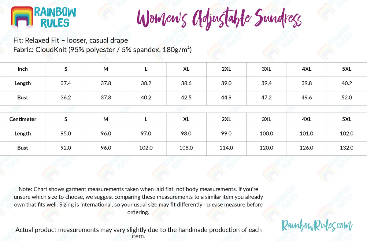 Women’s Adjustable Sundress - Rainbow Rules Size Chart