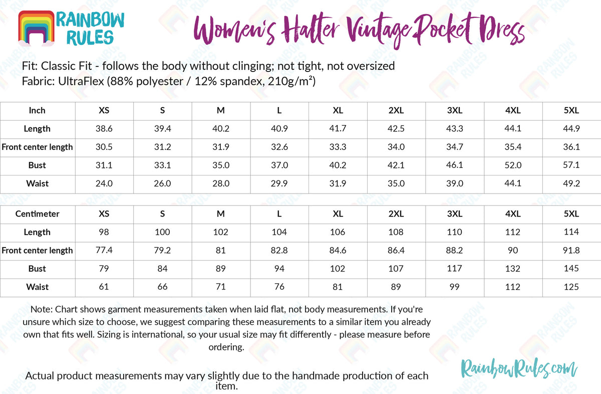 Women’s Halter Vintage Pocket Dress - Rainbow Rules Size Chart