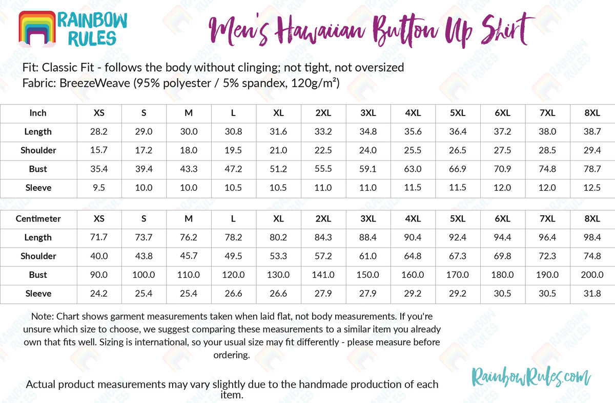 Men's Hawaiian Button Up Shirt - Rainbow Rules Size Chart