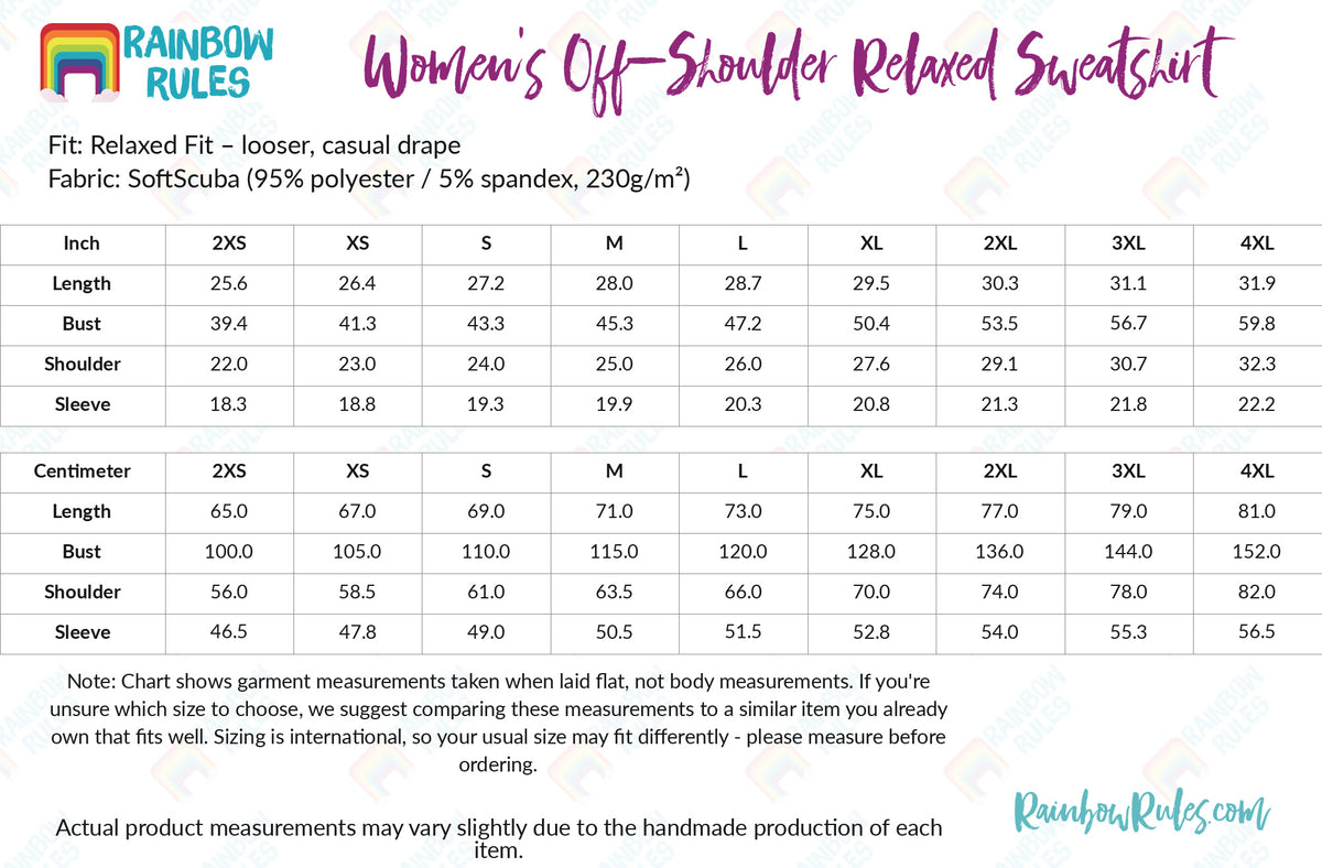 Women's Off-Shoulder Relaxed Sweatshirt - Rainbow Rules Size Chart