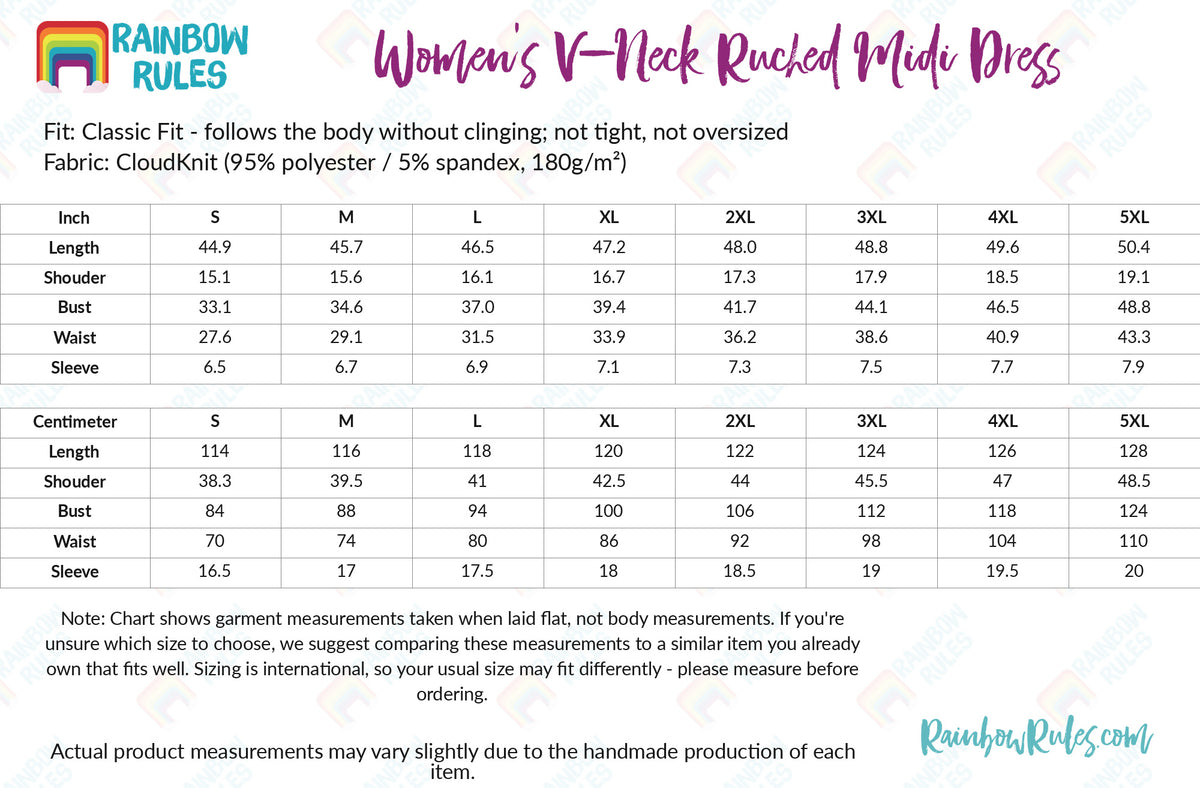 Women's V-Neck Ruched Midi Dress - Rainbow Rules Size Chart