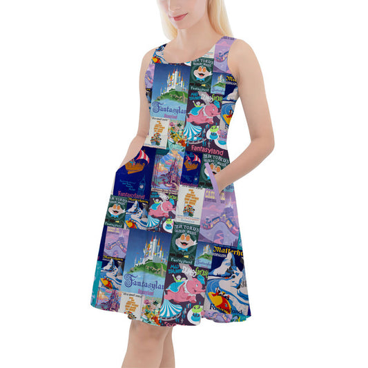 Skater Dress with Pockets - S - Fantasyland Vintage Attraction Posters- READY TO SHIP