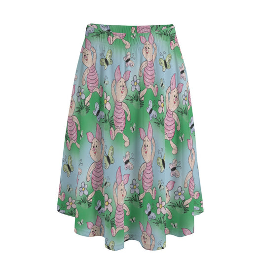 Sketched Shy Friend and Butterflies - Women's Pocket Midi Skirt