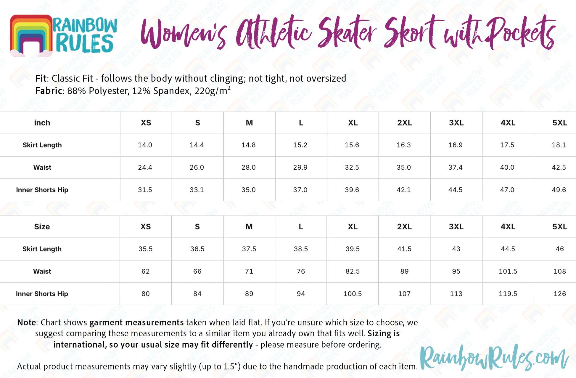 Women’s Athletic Skater Skort with Pockets Size Chart