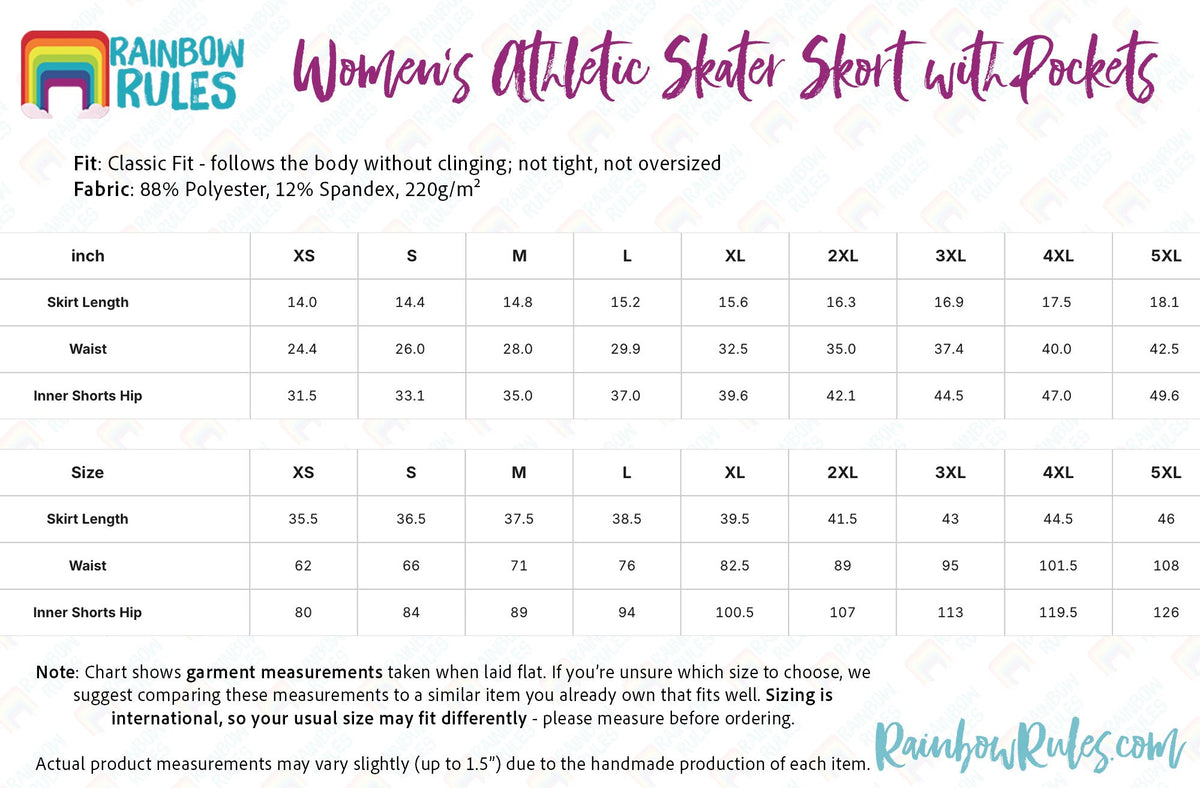 Women’s Athletic Skater Skort with Pockets Size Chart