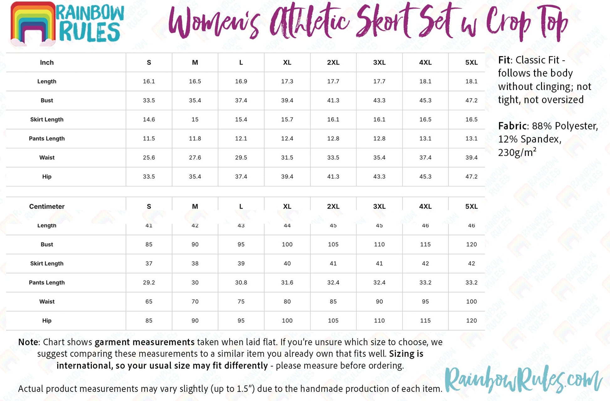 Women’s Athletic Skort Set with Open-Back Crop Top Size Chart