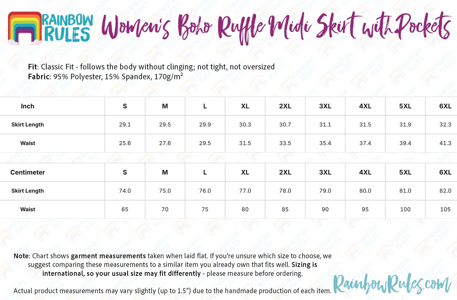 Women’s Boho Ruffle Midi Skirt with Pockets Size Chart