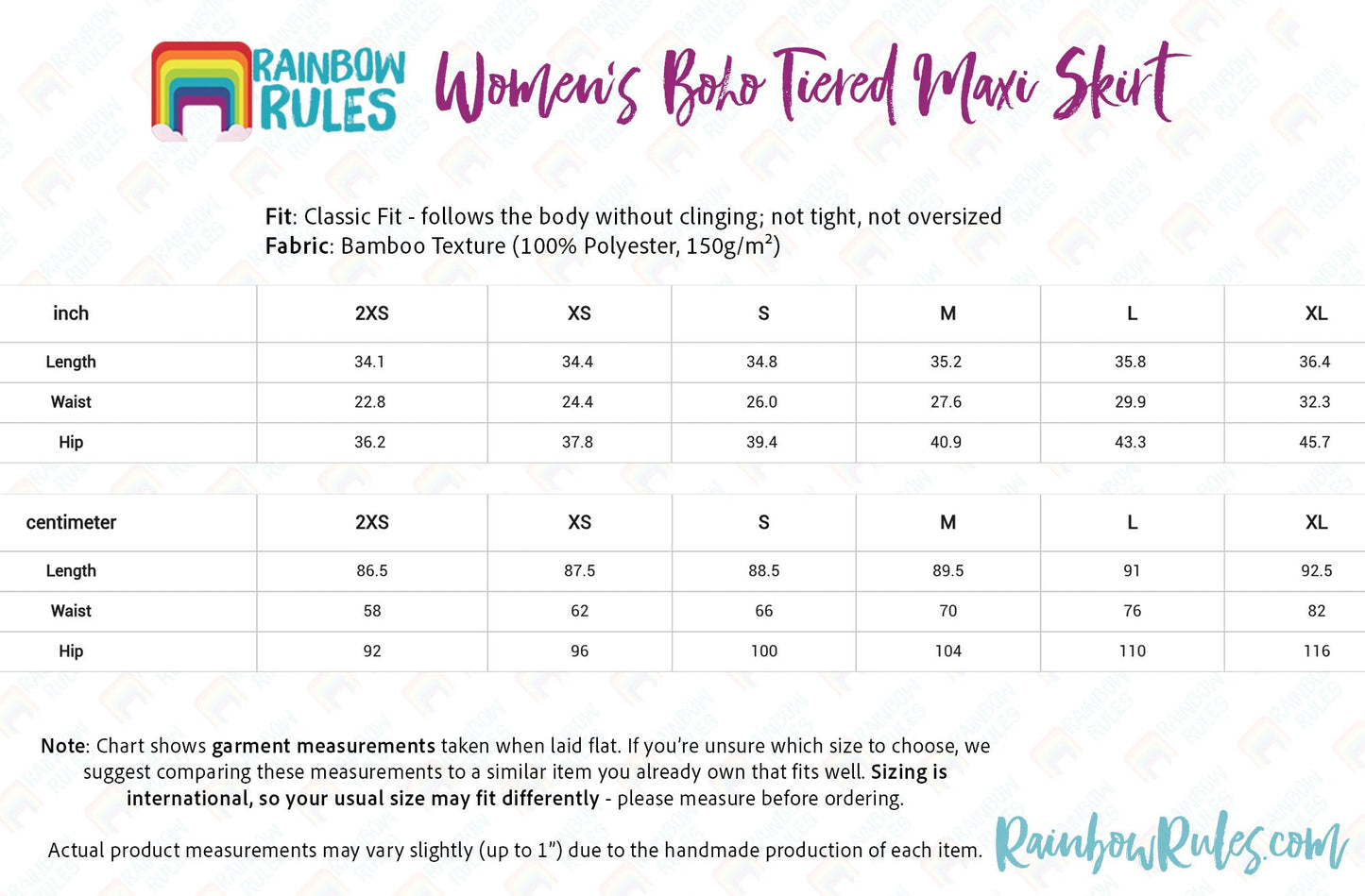 Women’s Boho Tiered Maxi Skirt Size Chart