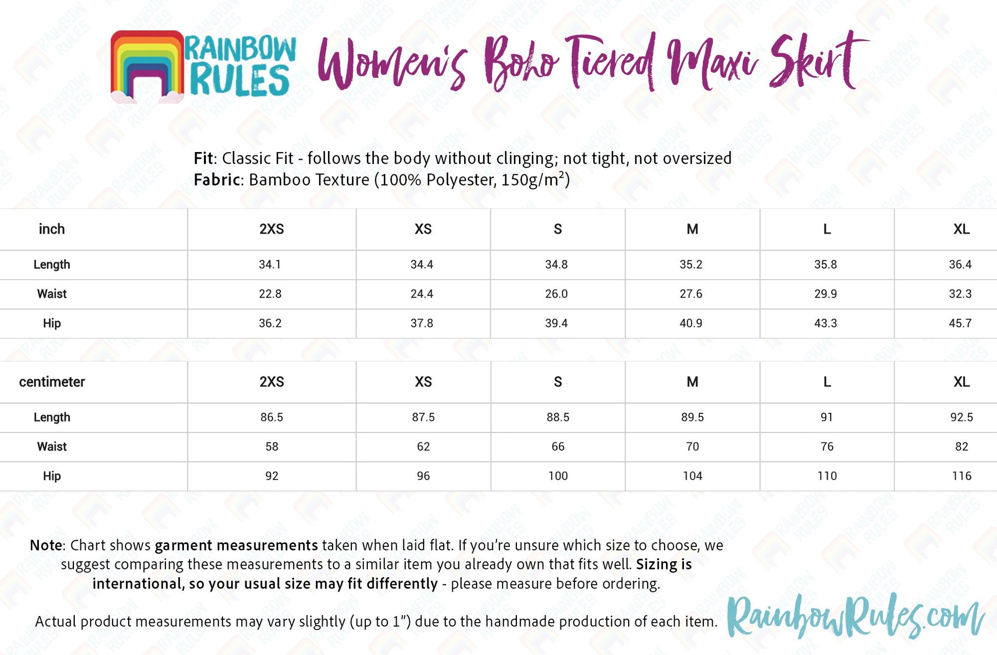 Women’s Boho Tiered Maxi Skirt Size Chart