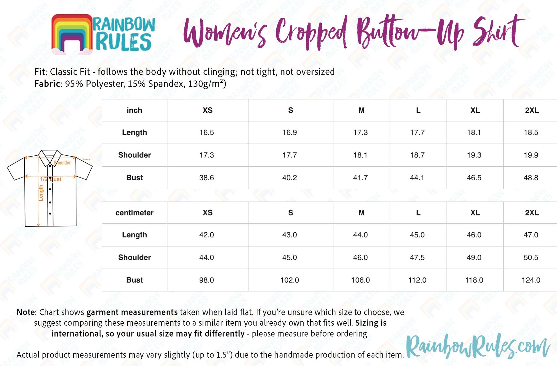 Women’s Cropped Button-Up Shirt Size Chart