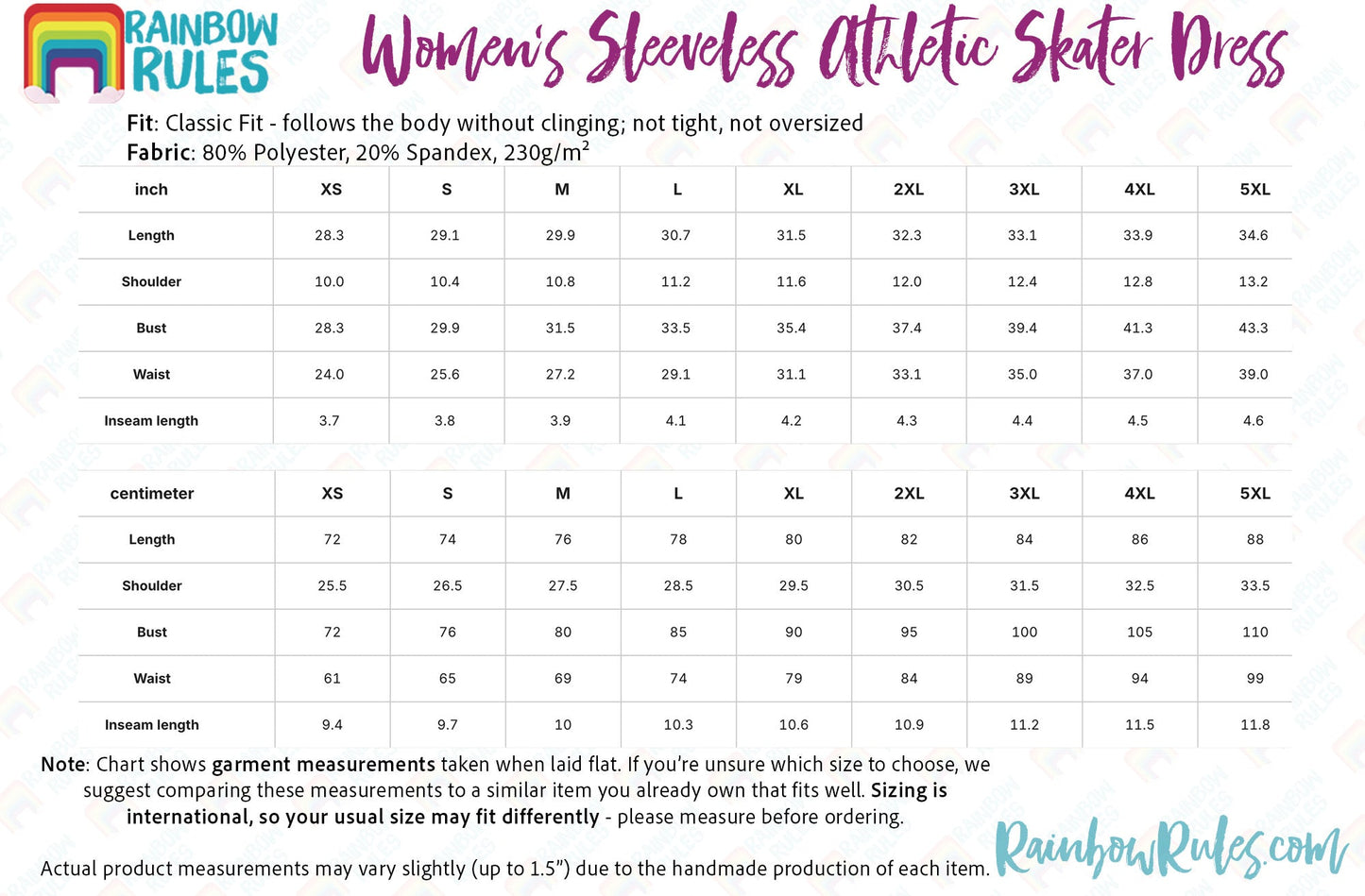 Women’s Sleeveless Athletic Skater Dress with Built-In Shorts Size Chart