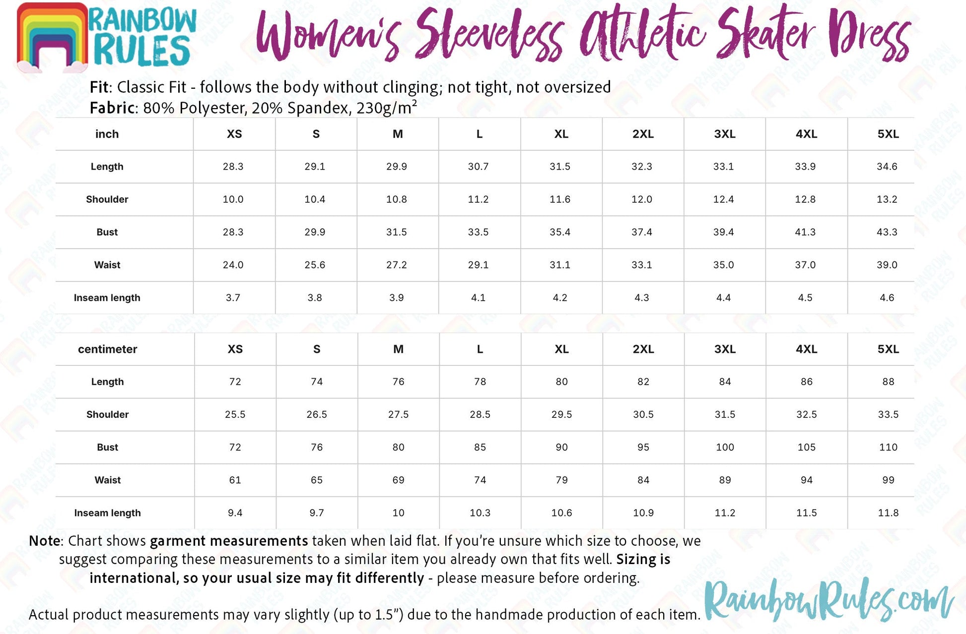 Women’s Sleeveless Athletic Skater Dress with Built-In Shorts Size Chart