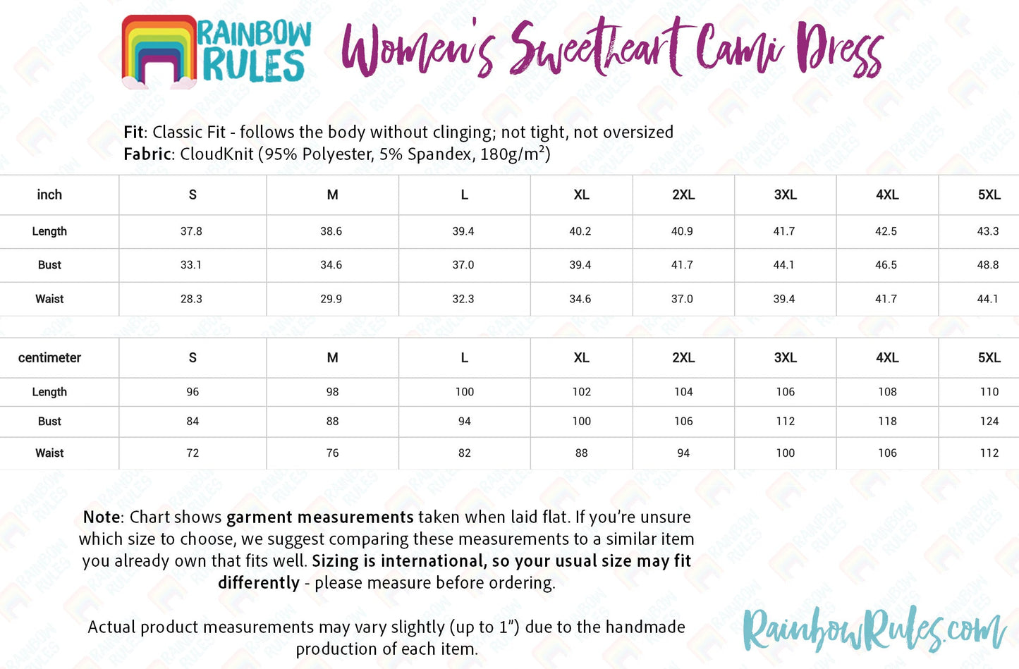 Women's Sweetheart Cami Dress Size Chart
