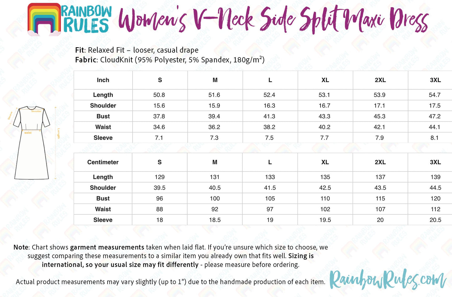 Women's V-Neck Side Split Maxi Dress Size Chart