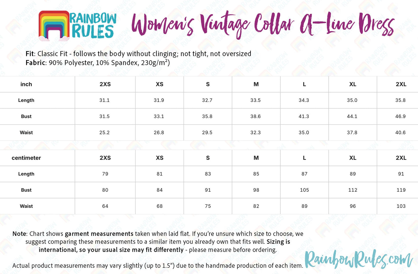 Women’s Vintage Collar A-Line Dress with Pockets Size Chart