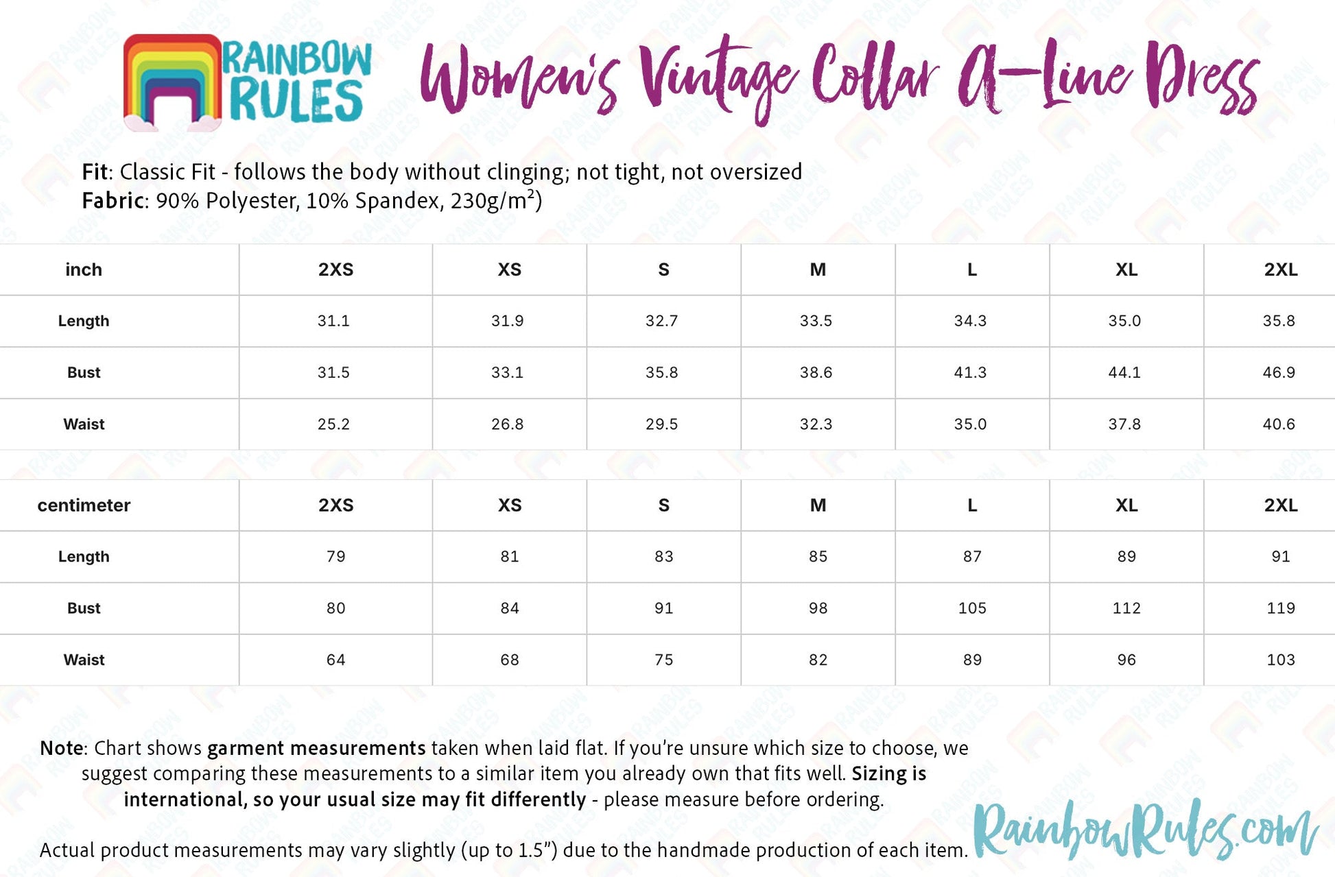 Women’s Vintage Collar A-Line Dress with Pockets Size Chart