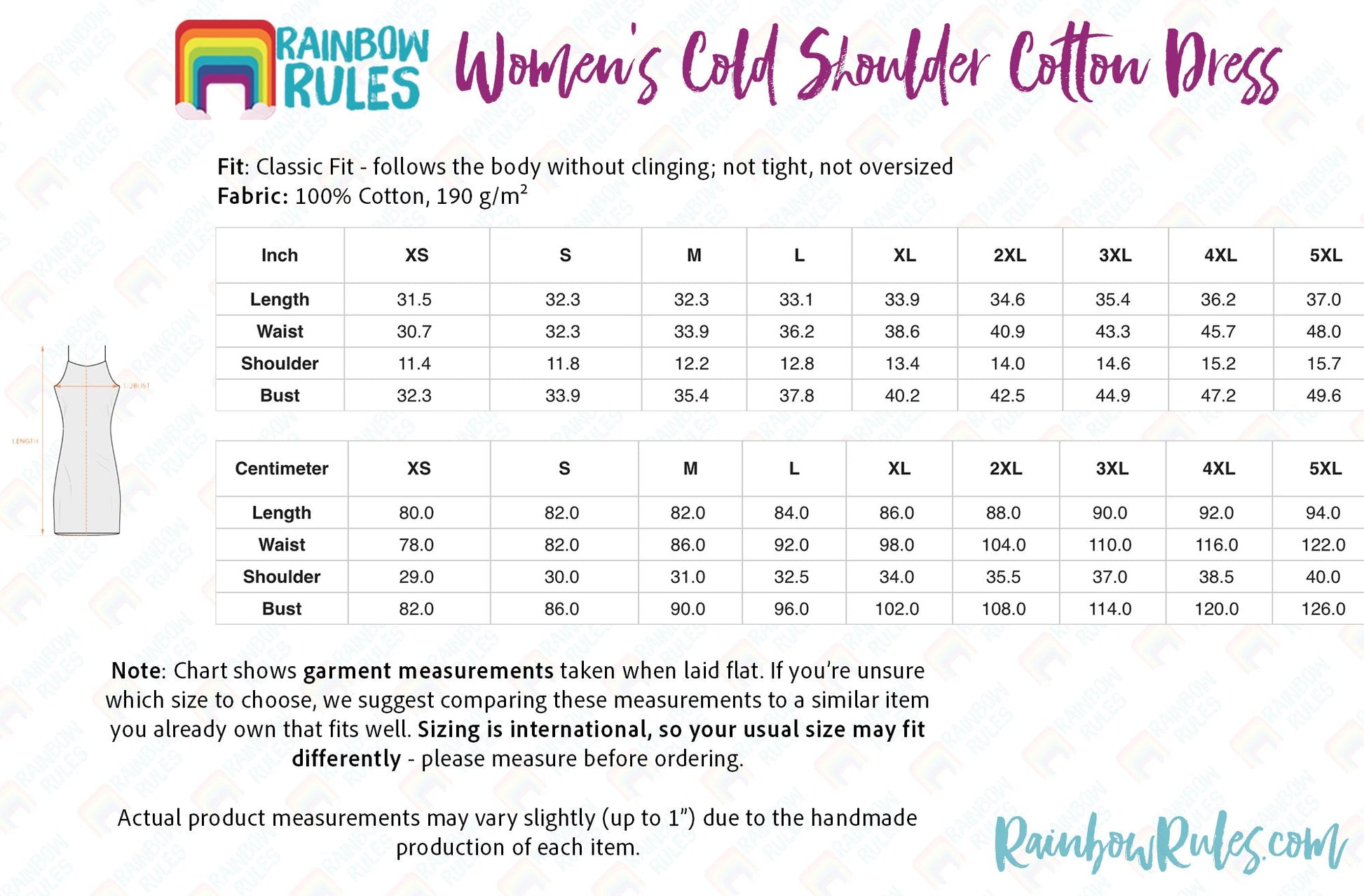 Women's Cold Shoulder Cotton Dress Size Chart