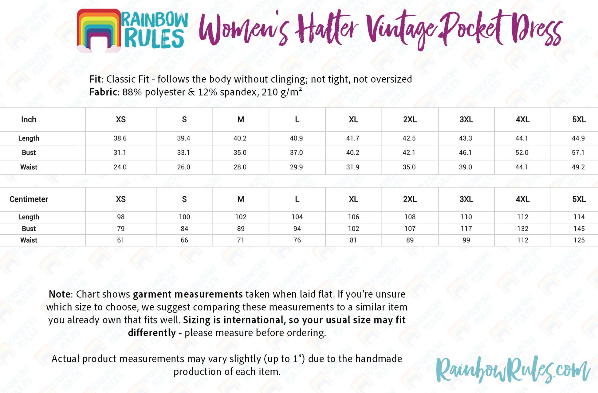 Women's Halter Vintage Pocket Dress Size Chart