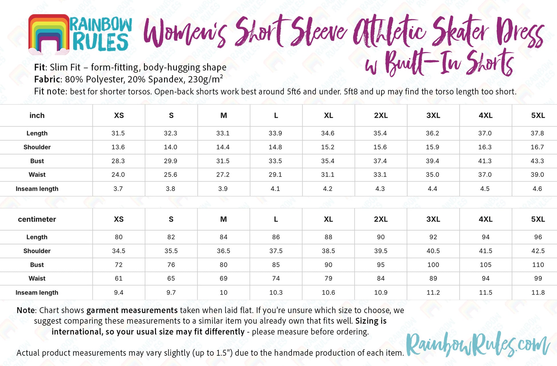 Measurement chart for women's short sleeve athletic skater dress with built-in shorts from Rainbow Rules.
