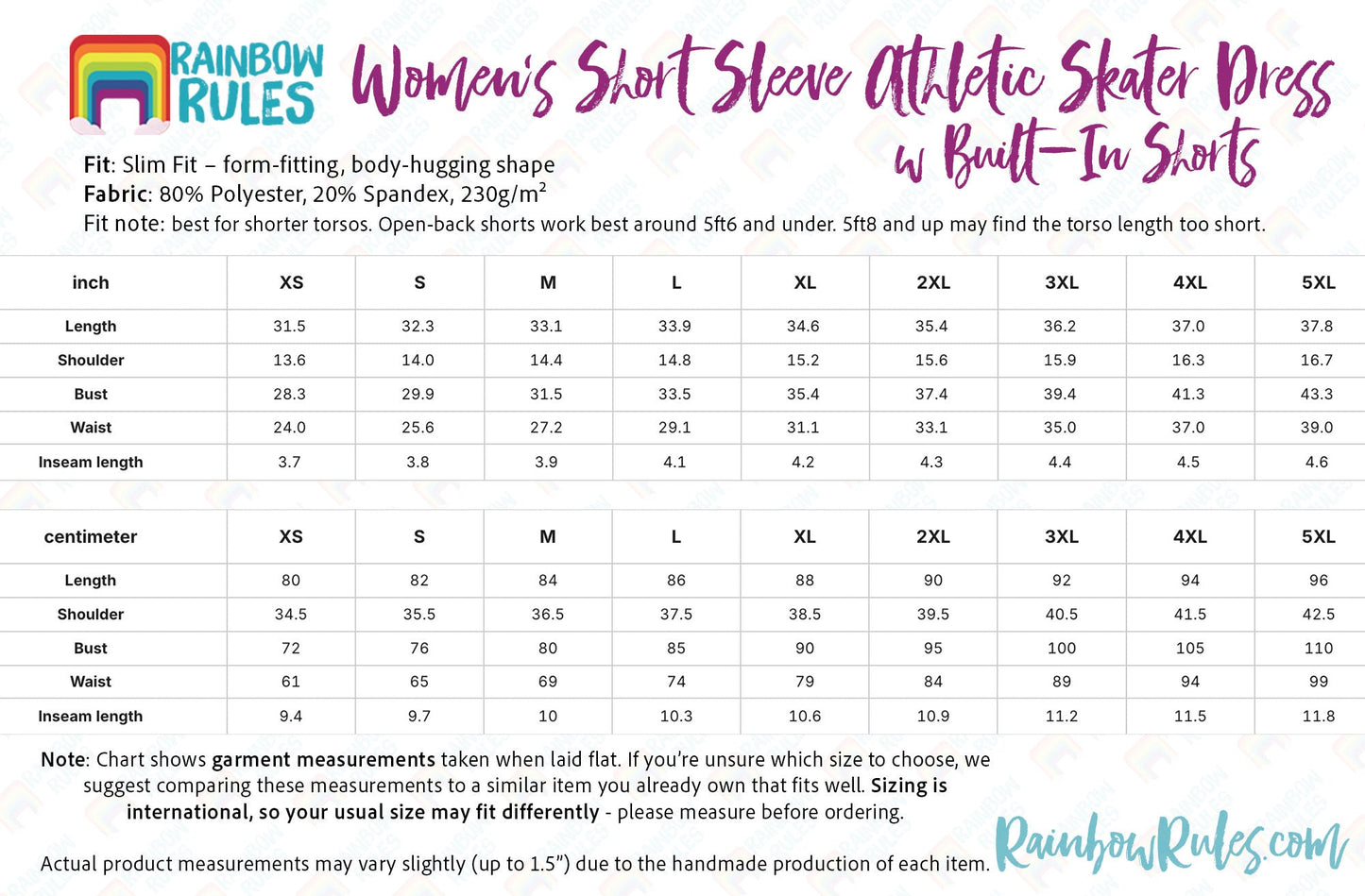 Women's Short Sleeve Athletic Skater Dress with Built-In Shorts Size Chart