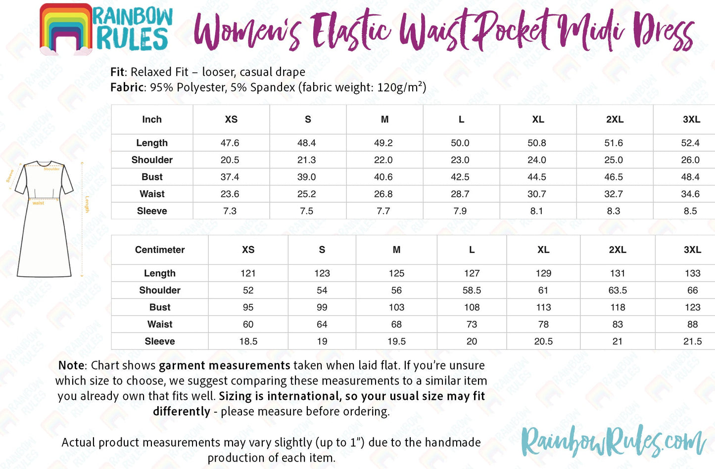 Women’s Elastic Waist Pocket Midi Dress Size Chart