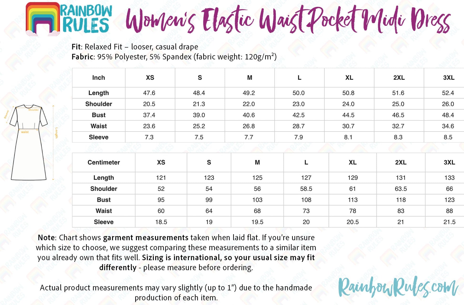 Women’s Elastic Waist Pocket Midi Dress Size Chart