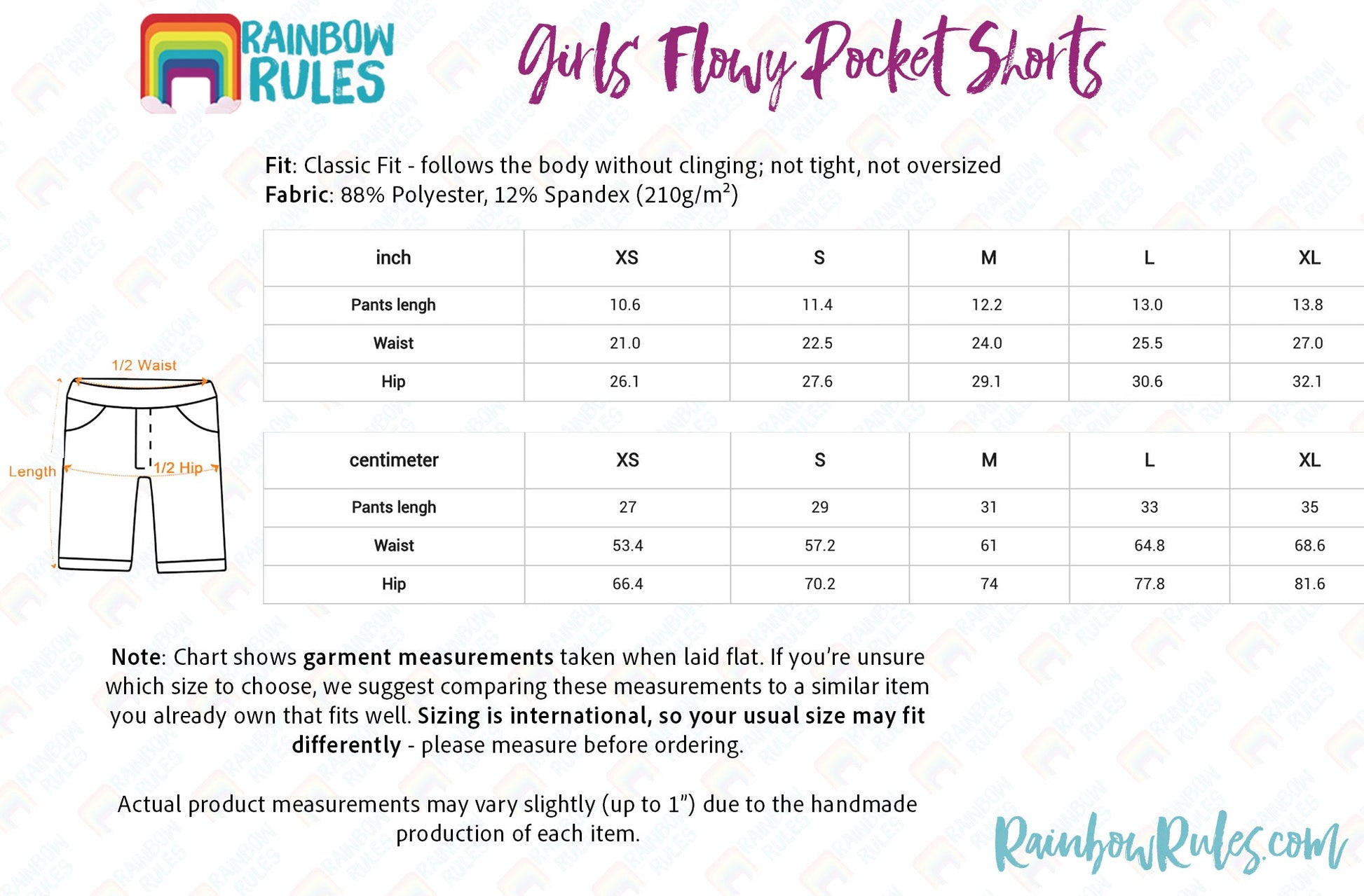 Girls’ Flowy Pocket Shorts Size Chart