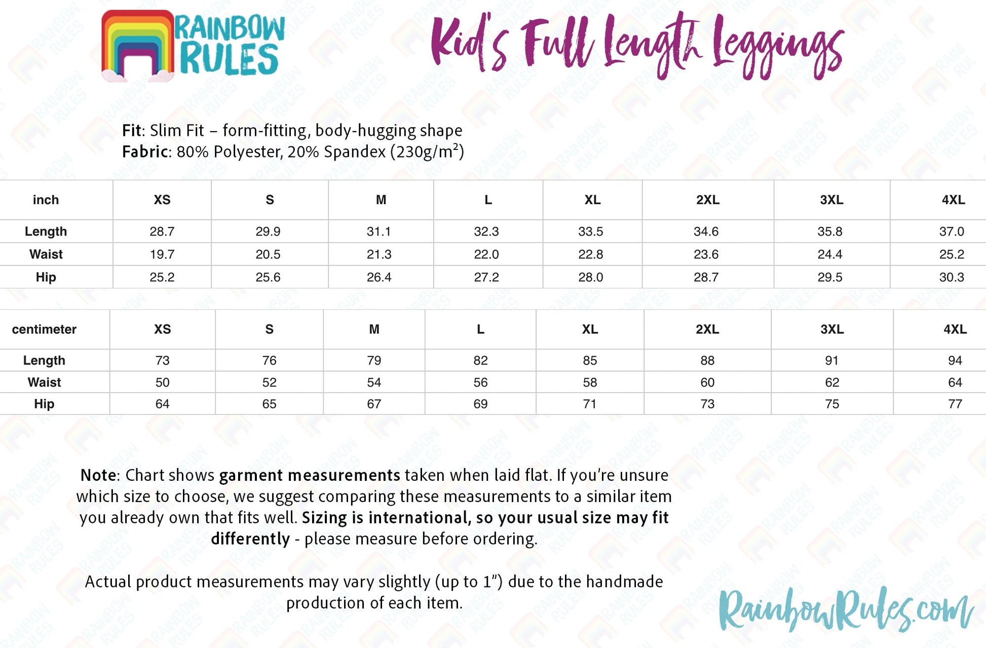 Kid's Leggings Size Chart