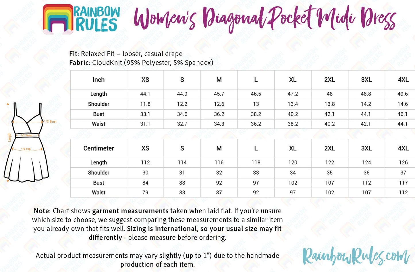 Women’s Diagonal Pocket Midi Dress Size Chart