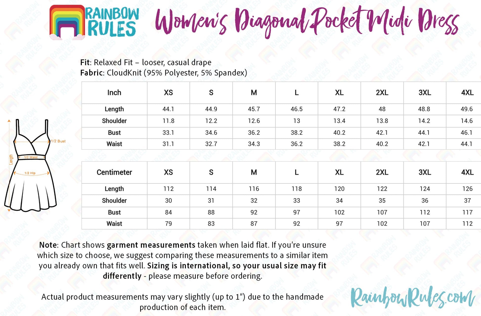 Women’s Diagonal Pocket Midi Dress Size Chart