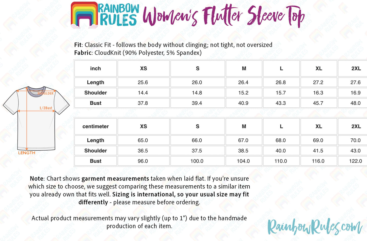 Women’s Flutter Sleeve Top Size Chart