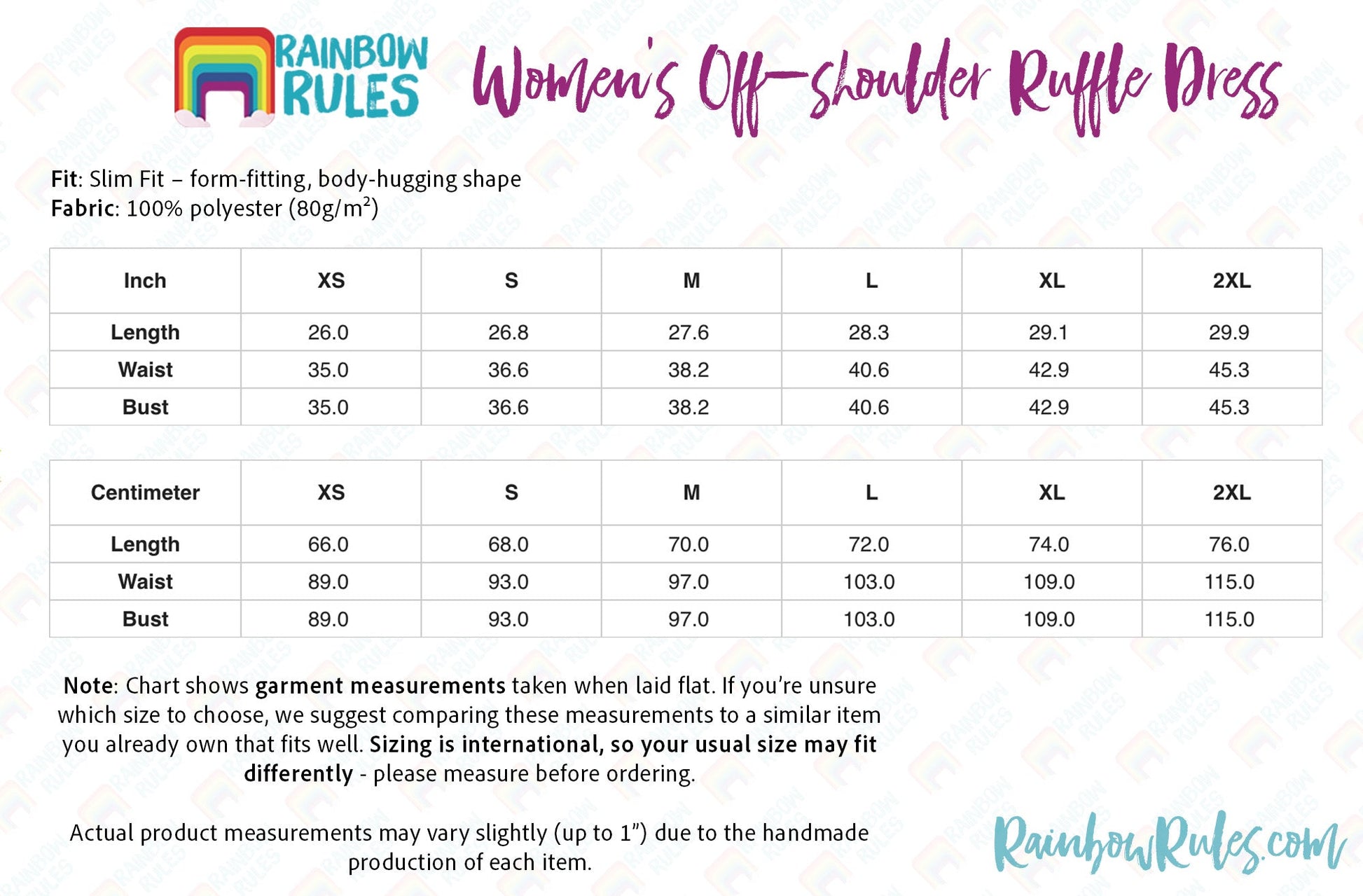 Women's Off-shoulder Ruffle Dress Size Chart