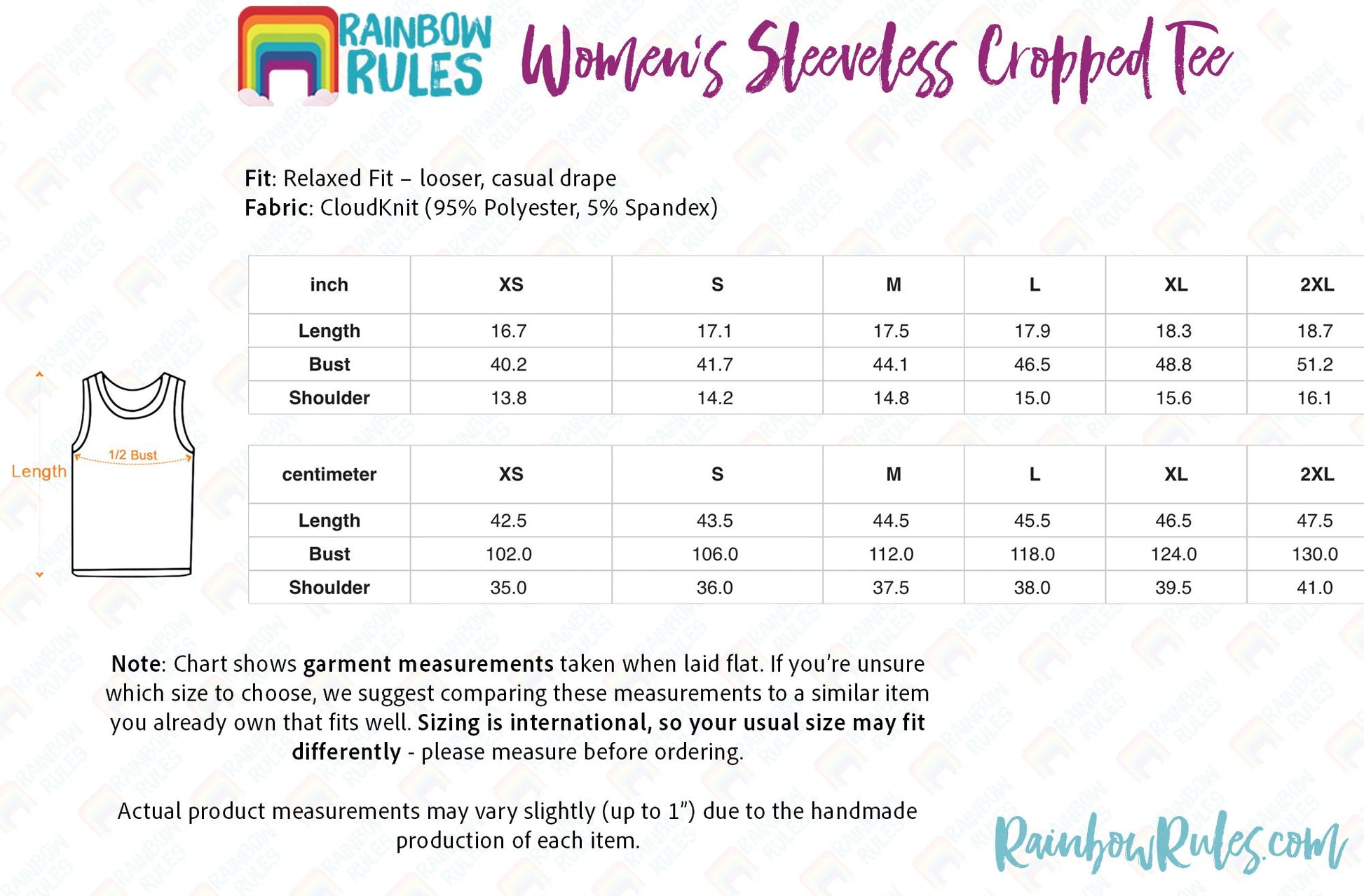 Women’s Sleeveless Cropped Tee Size Chart