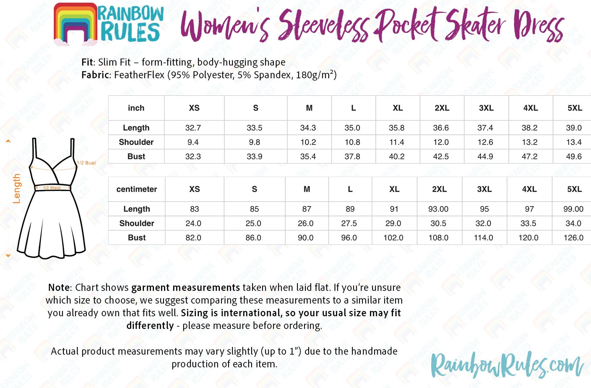 Women's Sleeveless Pocket Skater Dress Size Chart