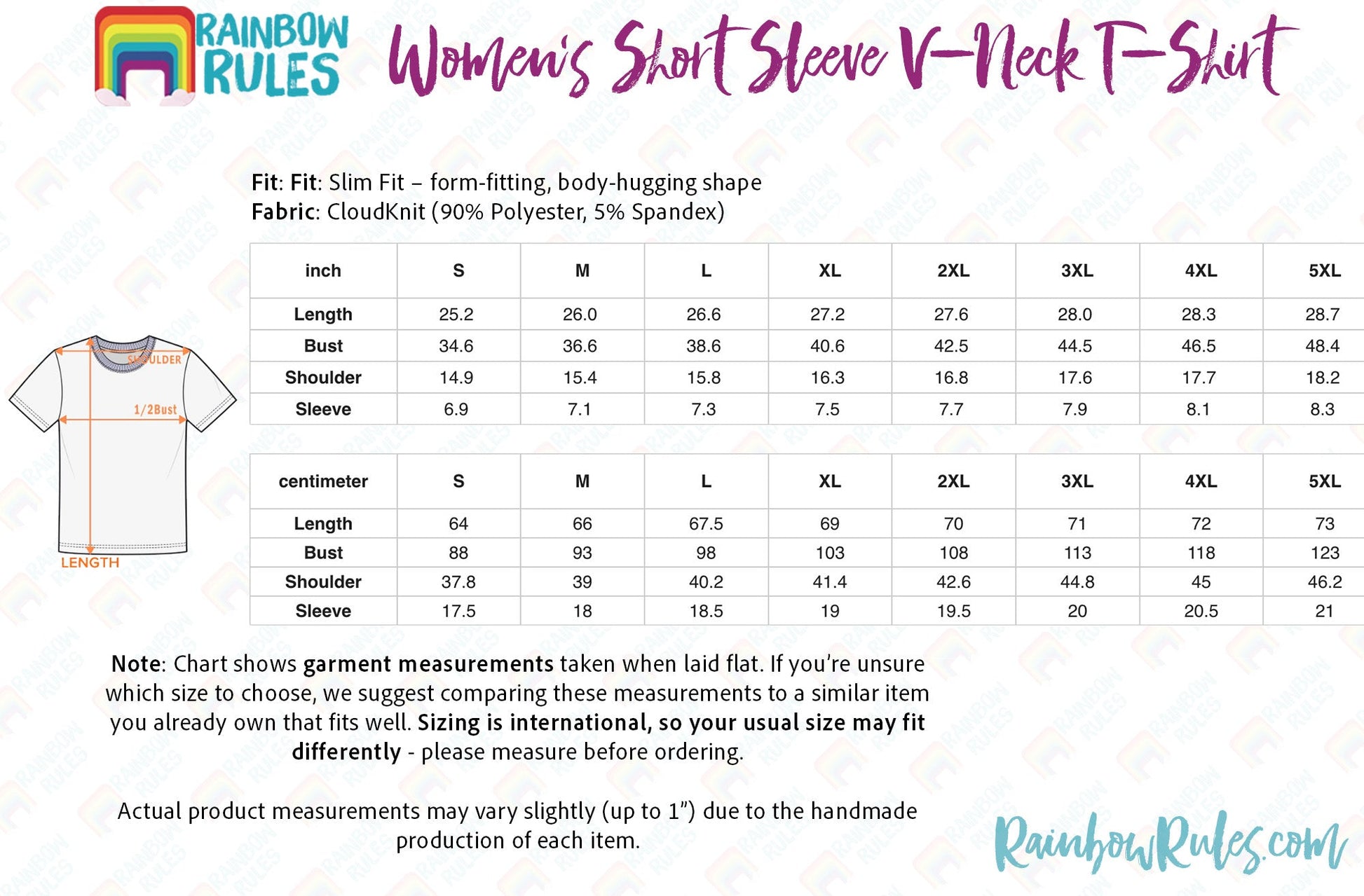 Women's Short Sleeve V-Neck T-Shirt Size Chart