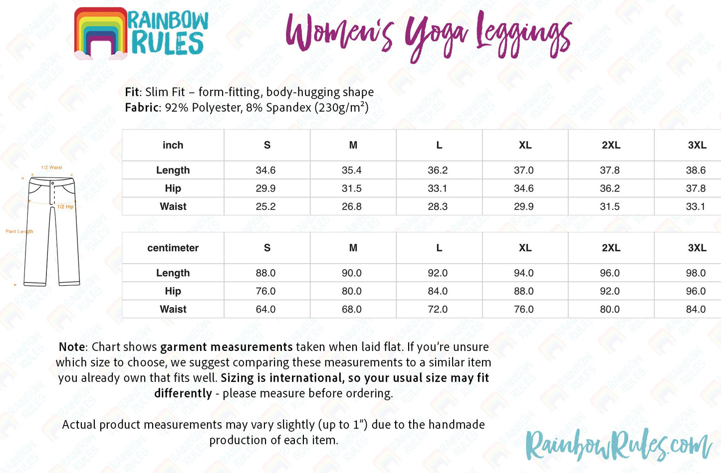 Women's Yoga Leggings Size Chart
