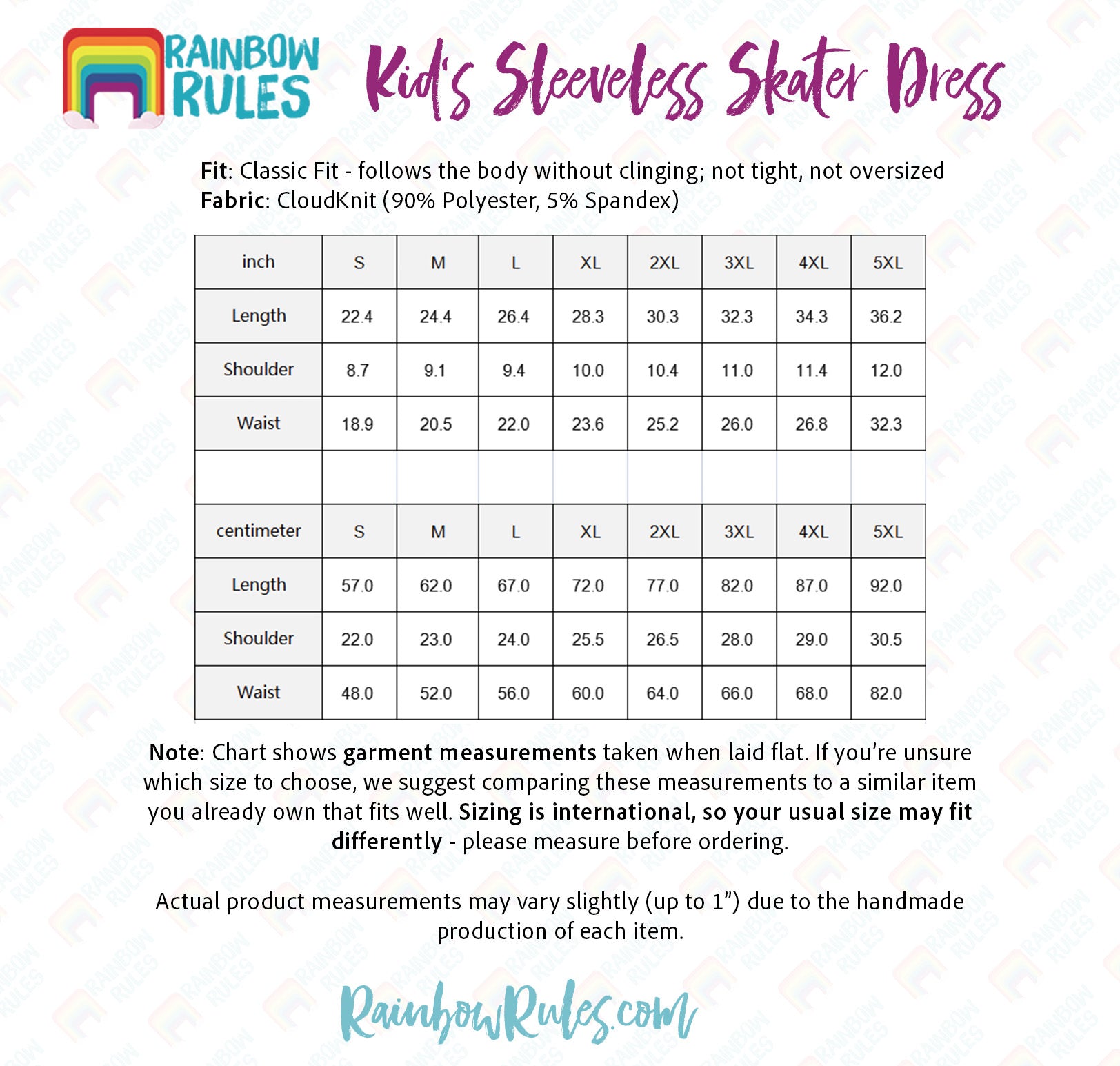 Kid's Sleeveless Skater Dress Size Chart