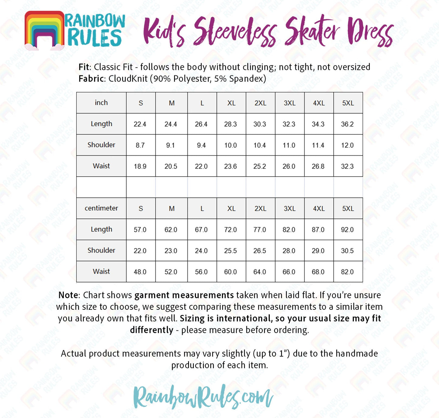 Kid's Sleeveless Skater Dress Size Chart