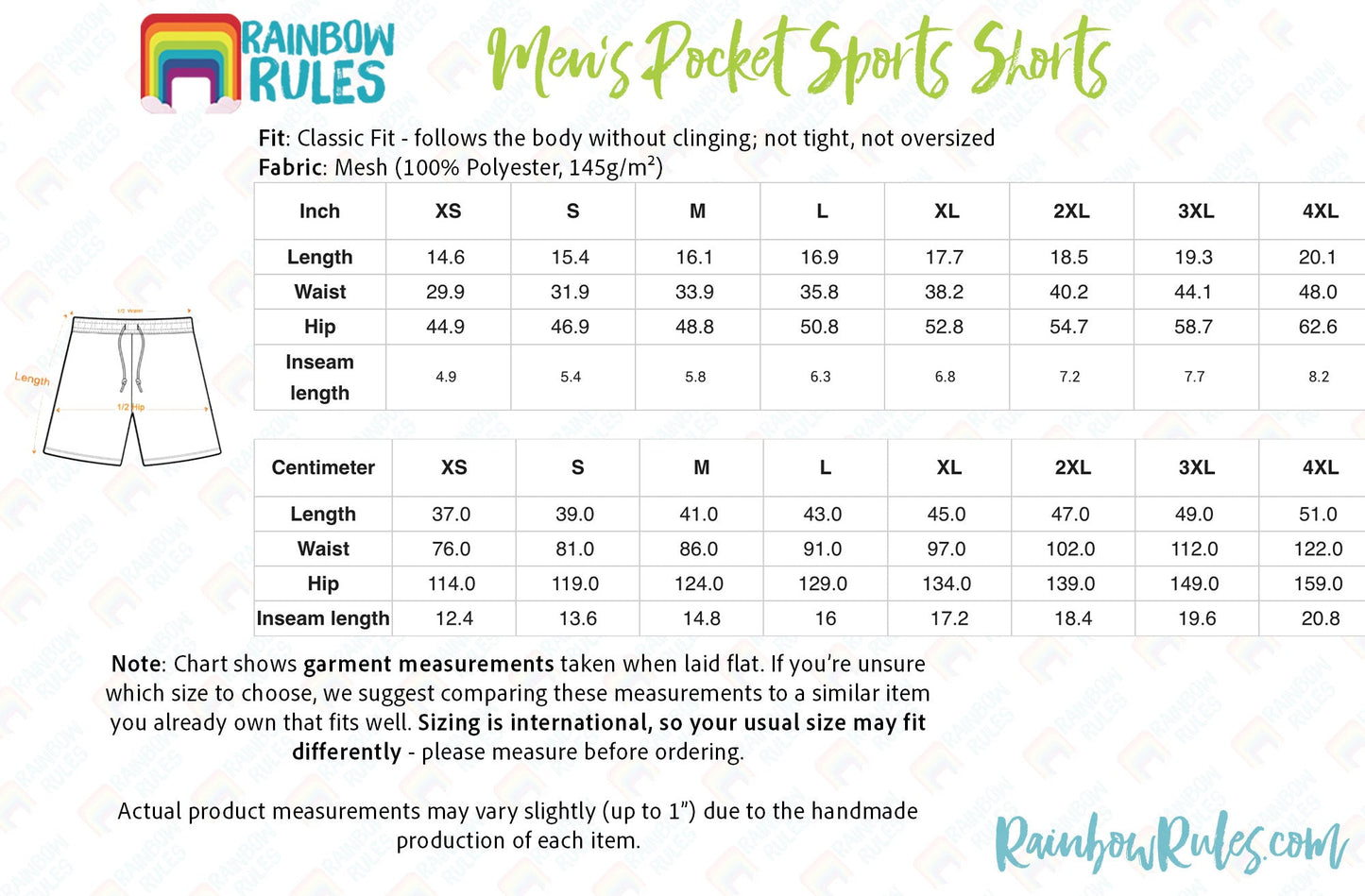 Men’s Pocket Sports Shorts Size Chart