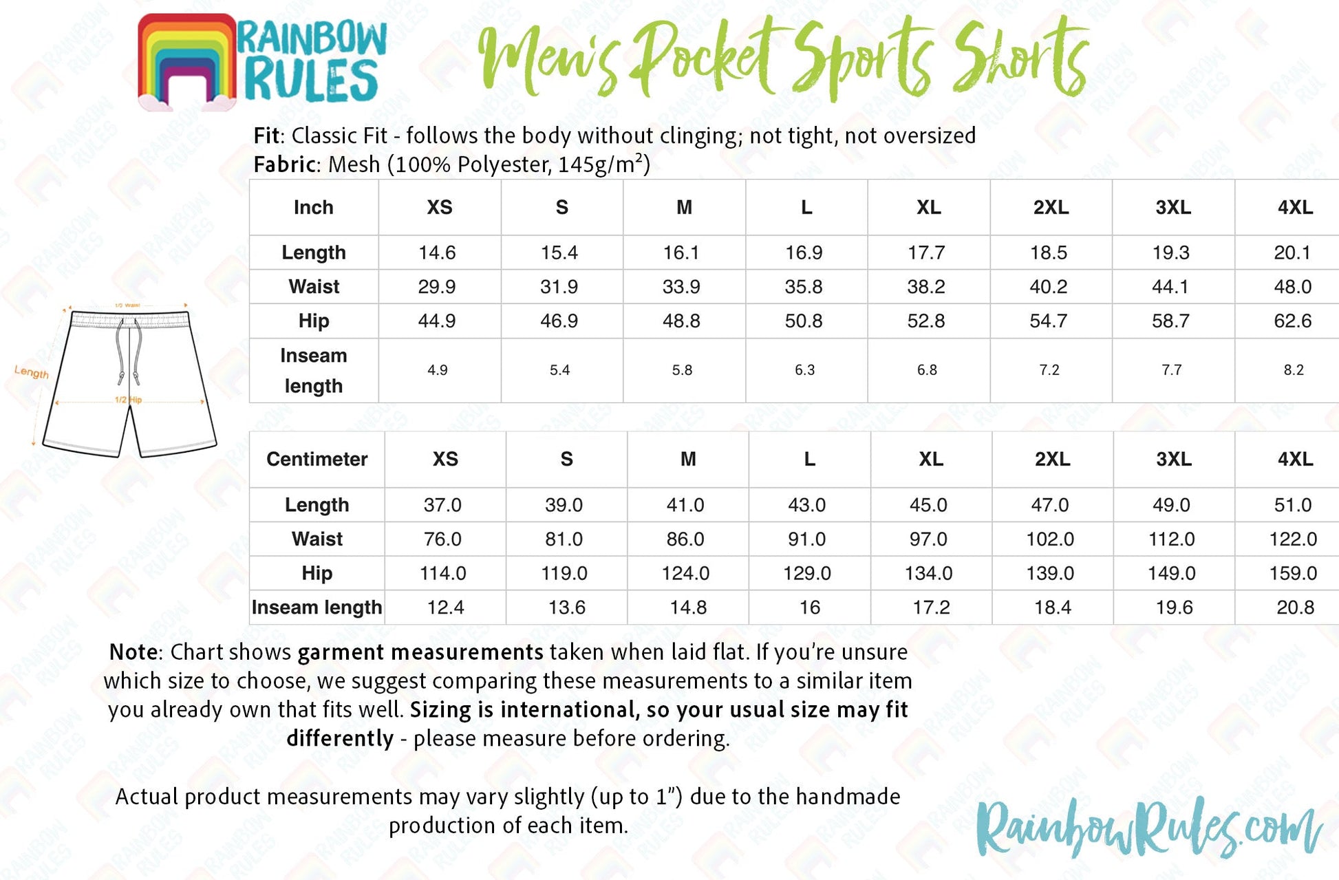 Men’s Pocket Sports Shorts Size Chart